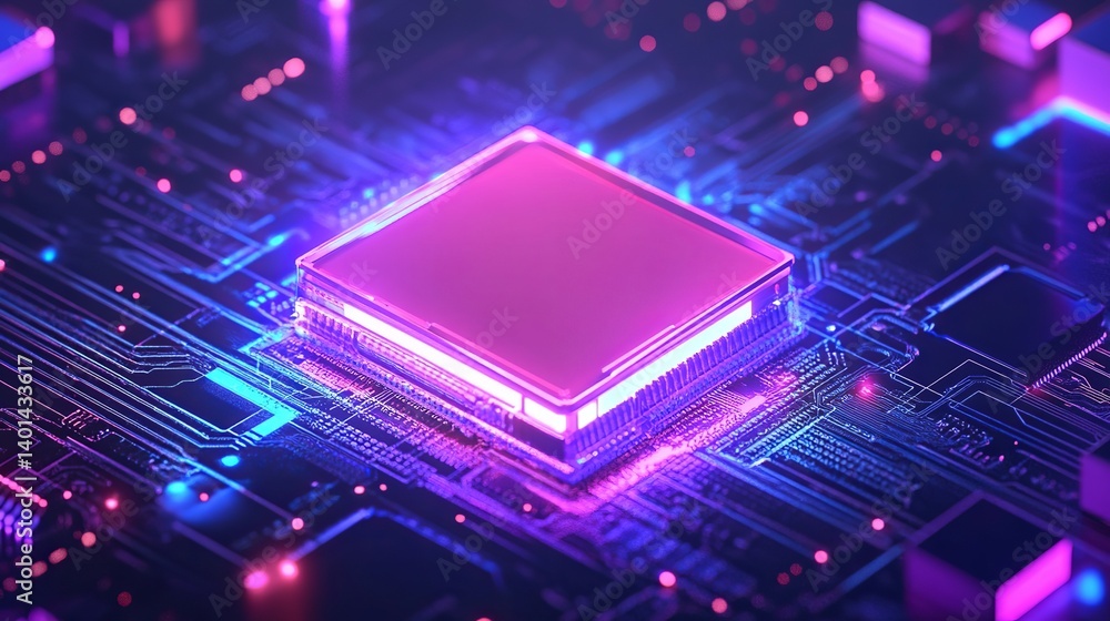 Poster close up of a glowing pink and blue computer chip on a circuit board with visible connections