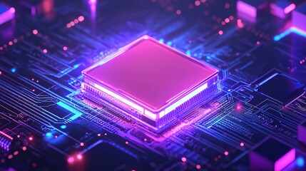 Close up of a glowing pink and blue computer chip on a circuit board with visible connections