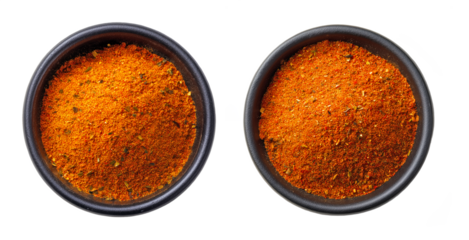 Top view of taco seasoning spice blend in black ceramic bowls, vibrant orange-red mix with herbs and chili, isolated on ransparent background, ideal for Tex-Mex cuisine visuals
