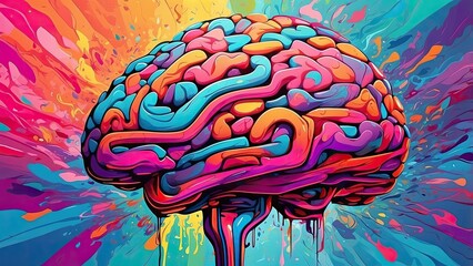 A colorful, abstract illustration of a human brain against a dark blue background