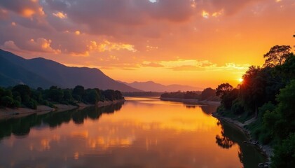 Golden sunset hues paint Mekong River & hills at Nong Khai, panorama, water, sky