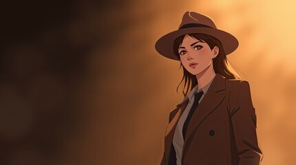 A detective exudes confidence while posing in a tan coat and wide brimmed hat with a warm glow enhancing the mysterious evening atmosphere
