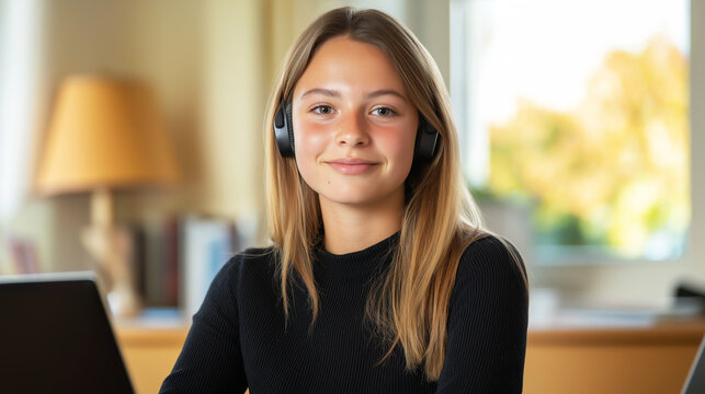 Portrait of smiling female student wearing headphones attending online lesson using laptop at home