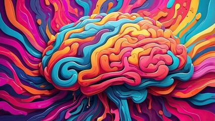 A colorful, abstract illustration of a human brain against a dark blue background