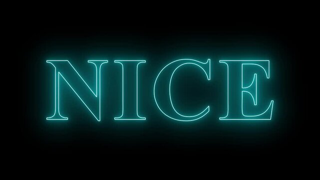 Nice neon text animation. Glowing neon sign Nice on black background. neon sign Nice icon.