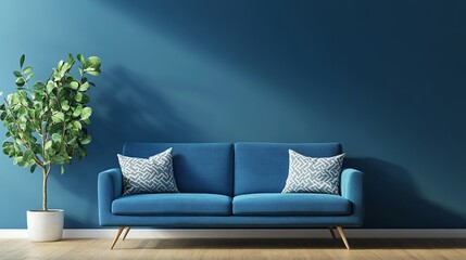 Blue sofa with patterned pillows against a blue wall and a potted plant in a bright room