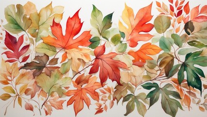 A watercolor illustration featuring a cluster of vibrant, multi-colored leaves