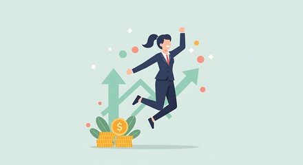 woman celebrating in front of graphs and arrows