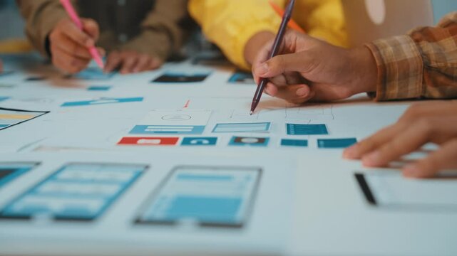 A diverse team of professionals collaborates on a mobile app design, showcasing colorful interface prototypes and engaging in creative brainstorming at their vibrant workspace. SACTR