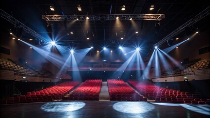 A striking image capturing the anticipation of an empty auditorium, illuminated by brilliant stage lights, evoking emotions of excitement and potential waiting for performance.