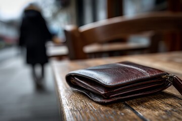 A leather wallet rests on a wooden table, forgotten in a bustling cafe as people walk by in the background, creating a lively atmosphere Generative AI