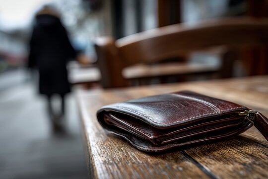A leather wallet rests on a wooden table, forgotten in a bustling cafe as people walk by in the background, creating a lively atmosphere Generative AI