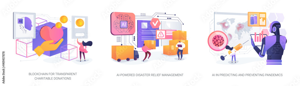 Poster ai and blockchain for global aid and health abstract concept vector illustrations.