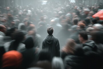A solitary figure stands anchored as a sea of blurred faces rushes by in a vibrant urban environment during an event on a bustling day Generative AI