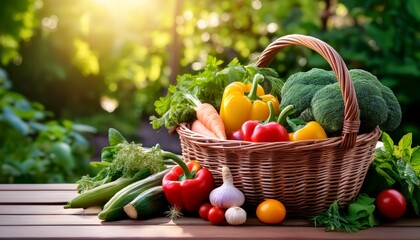 fresh vegetable and herb baskets with colorful healthy produce