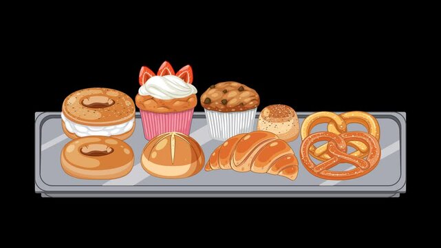 Baked Goods Tray Pop Animation - Pastries, Bread, Alpha, 4K