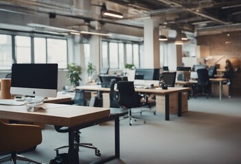 coworking contemporary office room background monitor mock chair modern space computer open corporate workplace desk glasses interior table wall three-dimensional up window work design light