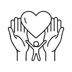 family hands holding heart icon, family hands holding heart line art - simple line art of family hands holding heart, perfect for family hands holding heart logos and icons