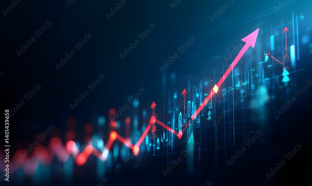 Poster red arrow pointing upward over a digital stock chart on a dark blue gradient background image