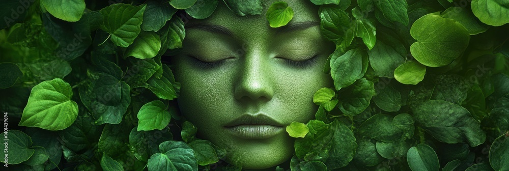 Poster face blending with green leaves creates a serene nature-themed portrait in a lush environment with s
