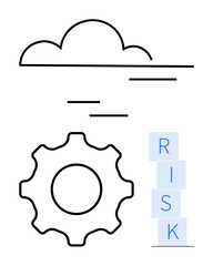Cloud, gear, and stacked blocks spelling RISK symbolize uncertainty, engineering, and decision-making. Ideal for technology, innovation, strategy, process optimization business risk digital