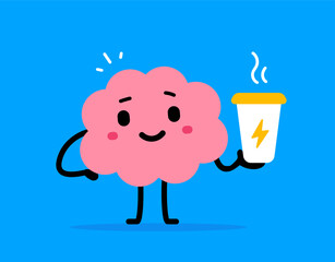 Vector illustration of cute cartoon happy energy brain hold coffee cup on color background. Flat doodle style design of smile brain character drink hot coffee beverage with lightning sign