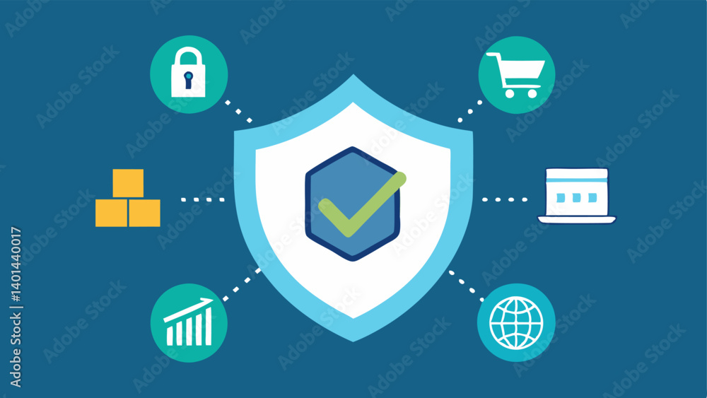Poster fraud prevention shield a shield icon with a checkmark surrounded by icons representing various supp