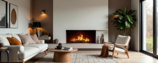 Modern fireplace warms minimalist living room, wood, ambiance, home