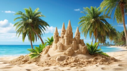 A scenic beach view featuring two sandcastles on a sandy shoreline, with a backdrop of turquoise ocean water and a clear blue sky dotted with fluffy white clouds