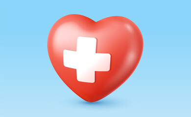 Obraz premium Vector illustration of realistic red color heart with cross on blue background. 3d cartoon style design of heart with white cross. Medical symbol of first aid icon for logo, hospital banner