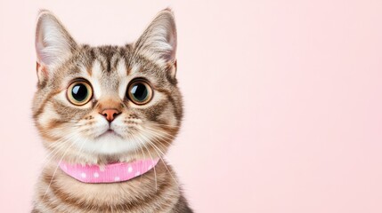 Fototapeta premium Curious Gaze of a Tabby Kitten: A captivating close-up shot of a cute tabby kitten with expressive eyes and a delicate pink collar, against a soft, inviting background. 