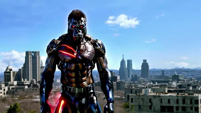 A cybernetic combat gorilla, partially metallic with glowing neon veins pulsating electric currents, stands on a retro car. Its red eyes focus