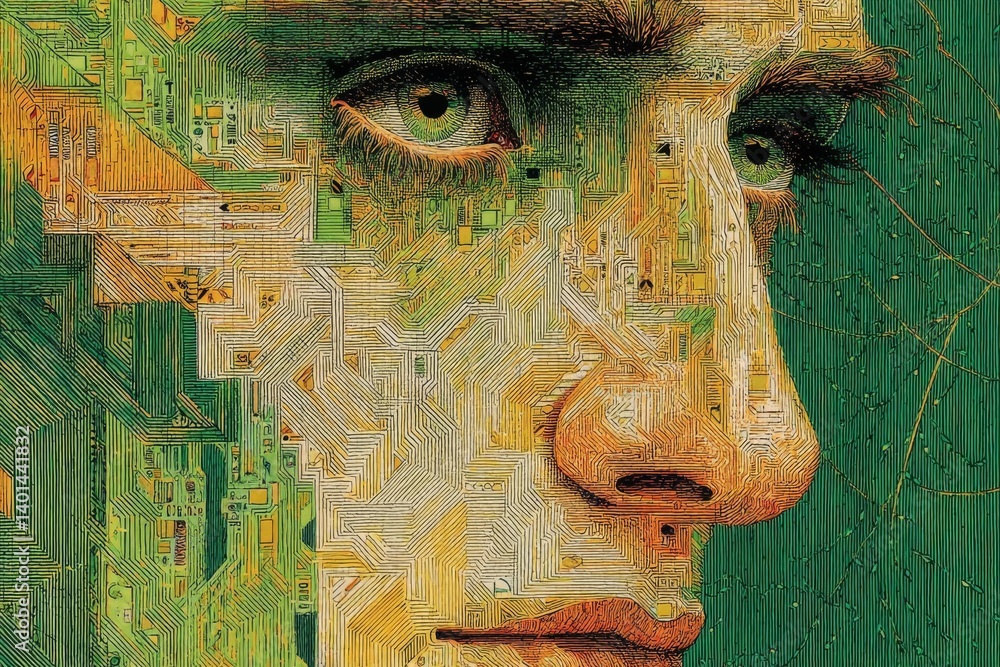 Poster this artwork features an abstract portrait of a human face blending with intricate electronic circui