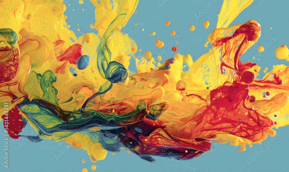 Poster abstract splash of vibrant colors against a light blue backdrop creating a dynamic composition
