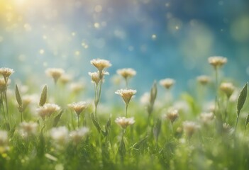 green grass blue bokeh lights blur sky background flowers gradient meadow sunny spring nature natural easter sun season field lawn leaf colours garden plant flower design summer landscape