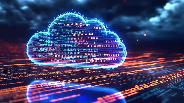 Digital cloud illustration with glowing binary code streams, set against a dramatic, stormy sky