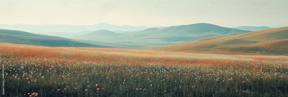 Poster rolling hills adorned with delicate flowers create a serene landscape in muted earth tones during a 
