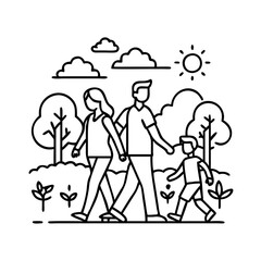 family walk in nature icon, family walk in nature line art - simple line art of family walk in nature, perfect for family walk in nature logos and icons