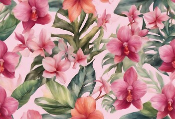 painted background paradise pink scrapbooking hand seamless tropical watercolor hibiscus jungle pattern orchids plumeria textiles flowers is perfect graphic decoration frangipani green hawaii design