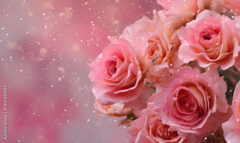 Poster a close up shot of a bouquet of pink roses with a soft focus and sparkling bokeh background effect