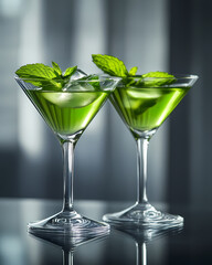 Two green cocktails with mint and ice in martini glasses