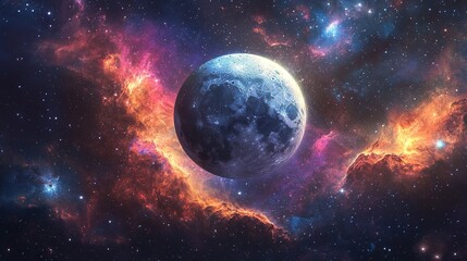 Obraz premium A vibrant moon surrounded by colorful nebula clouds and distant stars in deep space view artwork