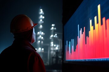 A worker in safety gear closely watches a fuel chart showing unexpected spikes in data while surrounded by refinery equipment at night Generative AI