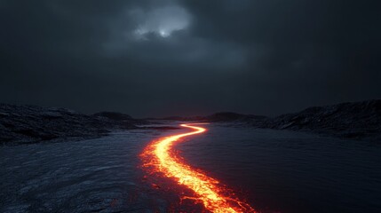 Fototapeta premium Fiery River of Lava at Night - A winding river of glowing lava flows through a dark, volcanic landscape under a moody night sky