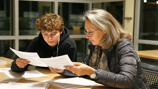 Teacher Reviewing a Student's Essay in a Warm Evening Classroom