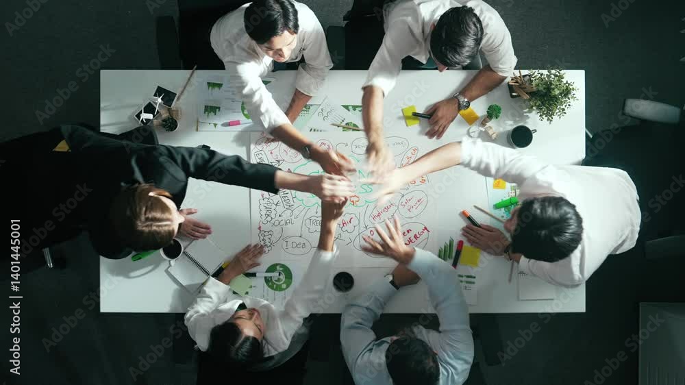 Poster top view of business team working together to brainstorm environmental idea by using mind map. aeria