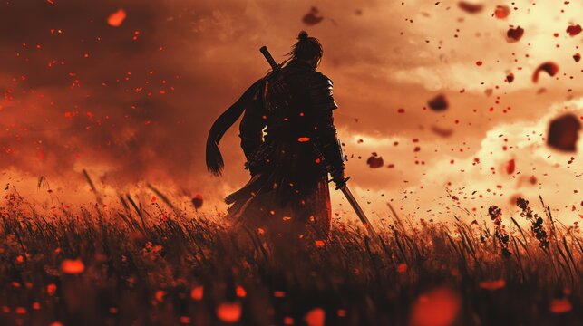 A warrior choosing love over duty, leaving behind the battlefield for a peaceful life, --ar 16:9 --v 6.1 Job ID: 2e58a28d-dbcc-4a9a-ad4e-93ecc153d1ef