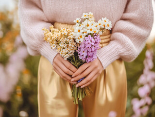 A woman holds a vibrant bouquet of lilac spring flowers, showcasing their beauty against her stylish attire, blending nature and female fashion.