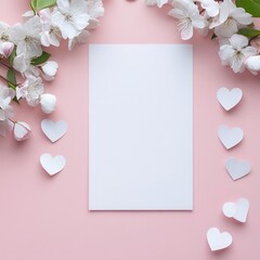 valentine theme mockup background for stationary, should have a flowersand paper hearts on a flat surface.