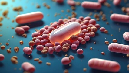 A 3D illustration depicting a large, translucent capsule filled with colorful pills, set against a blurred backdrop of microscopic virus particles and cells